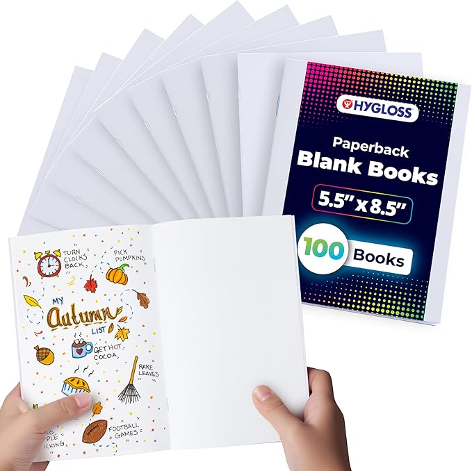 Hygloss Blank Books - Bulk 100 Pack – 5.5" x 8.5" A5 White Paperback Blank Books for Kids to Write Stories, Doodle, Arts & Crafts – Plain Drawing Sketchbook, Unlined Journal, Notebook Without Lines
