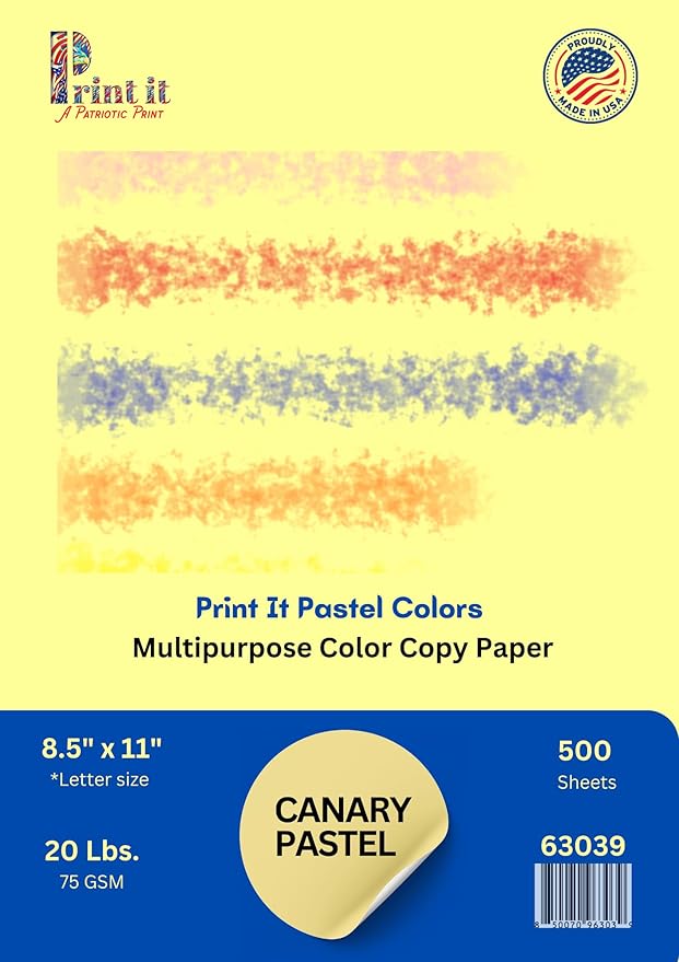 Printit Colors Multipurpose Paper, 20 lbs., 8.5" x 11", Canary-Yellow, 500 Sheets/Ream – Premium Colored Copy Paper for Printing, School, and Office Use