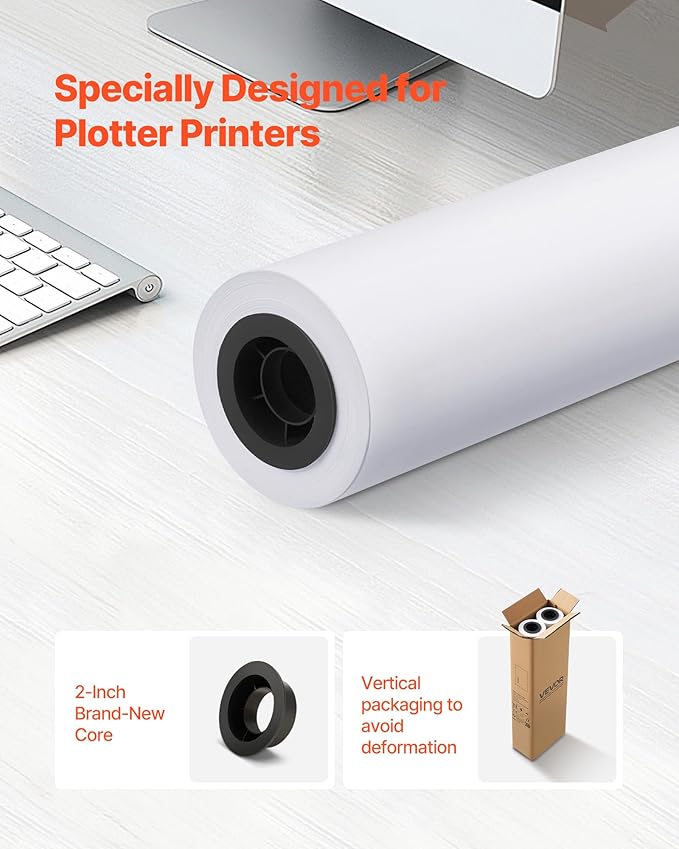 VEVOR Wide Format Paper, 24 in x 150 ft Plotter Roll, 2 Rolls CAD Bond Rolls with 2 in Core, 20 LB Bond Paper Rolls, Ideal for CAD Drawings, Engineering Plans, GIS Maps, and Architectural Designs