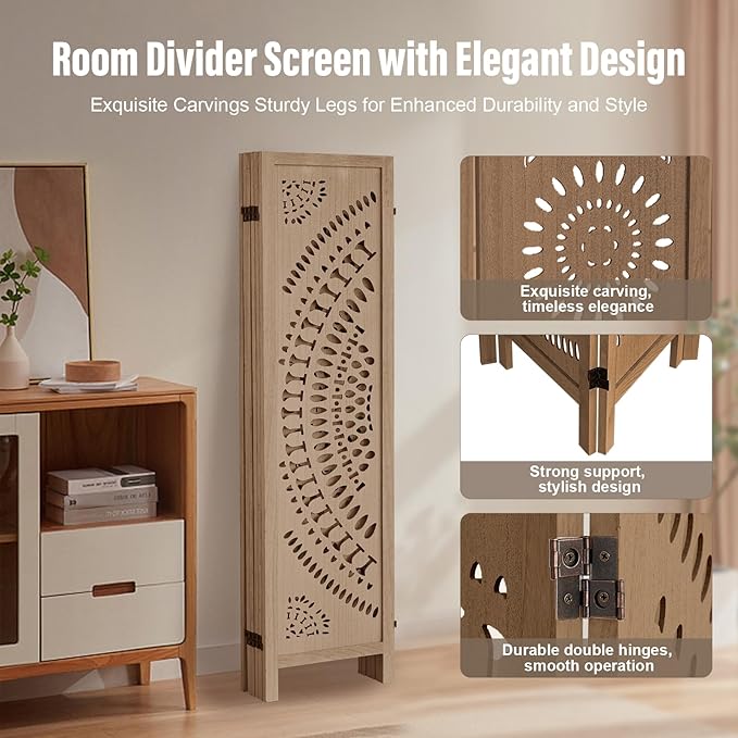 ALeesing 6 Panel Wood Room Divider Fully Assembled, Decorative Room Dividers and Folding Screens, 5.6Ft Room Divider Screen Freestanding Partition Wall Dividers for Home Bedroom Office, Brown