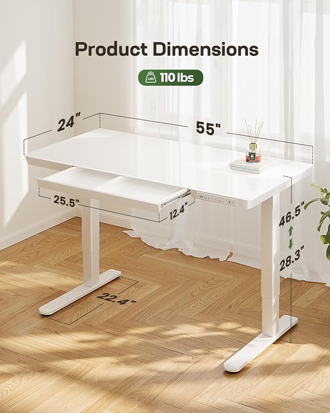 Marsail Glass Standing Desk with Drawer,55 x 28 inch Electric Standing Desk, Sit Stand Desk with One-Piece Tabletop & USB Charging Ports, Height Adjustable Desk with Storage for Home & Office White