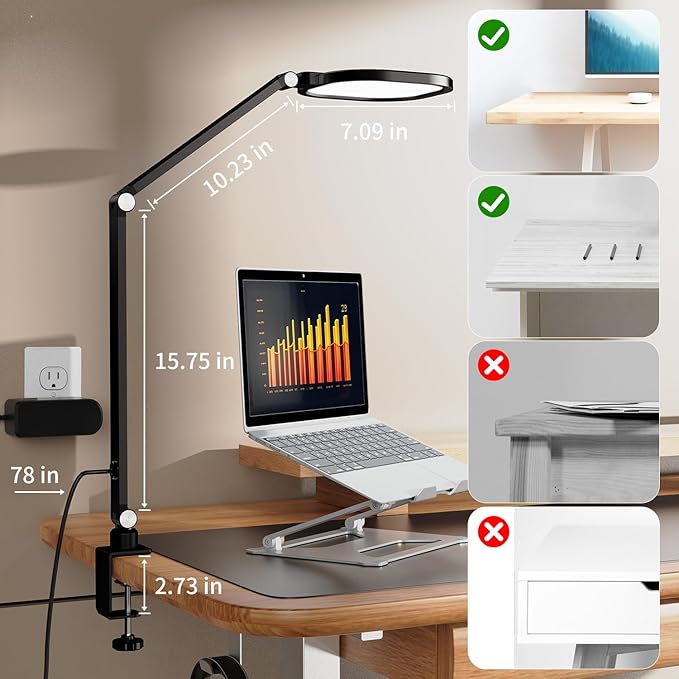 LitONES 2 Packs Led Desk Lamps for Home Office, 1200LM Dimmable Clamp-on Desktop Light, Adjustable Swing Arm Ring Light with Stand, Memory & Timer Function, Eye-Caring Design