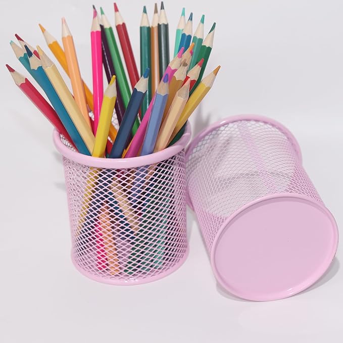 SNOW COOLER Pen Holder Mesh Pencil Holder Metal Pen Holder Cup Pencil Cup Holder for Desk Office Pen Organizer PINK, 4 Pack