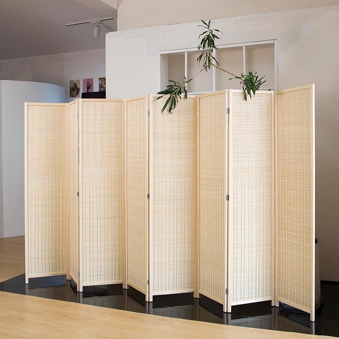 Loomveil 8 Panel Room Divider Folding Privacy Screen,67 inch Bamboo Panel Divider for Home Partition,Beige