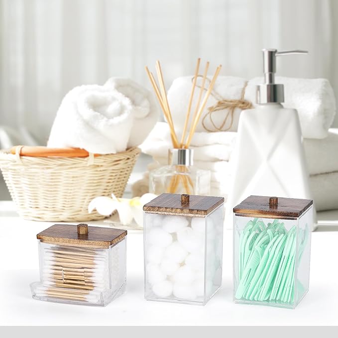 Tbestmax Bathroom Organizer Accessories Set-12/7 oz Qtips Holder Storage, Clear Cotton Ball/Swabs Dispenser, Plastic Square Apothecary Jars with Brown Wood Lids