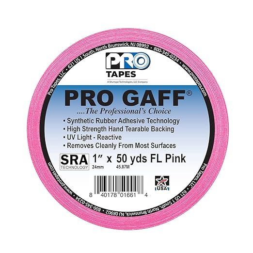 1" Width ProTapes Pro Gaff Premium Matte Cloth Gaffer's Tape With Rubber Adhesive, 50 yds Length x, Fluorescent Pink (Pack of 1)