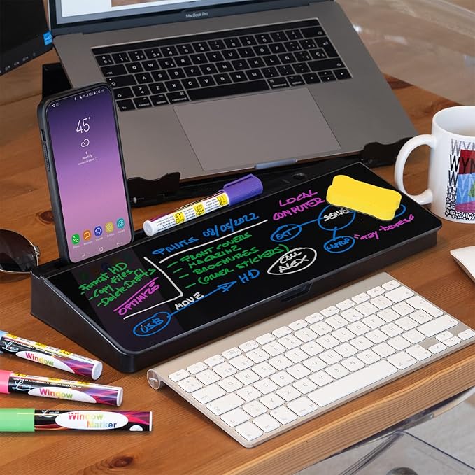 Desktop Dry Erase Board - Glass Erase Board - Black Desk Computer Buddy – Home Office & Studying Essentials - Phone & Tablet Slot, Storage Compartment - Includes 4 Markers, 1 Eraser.