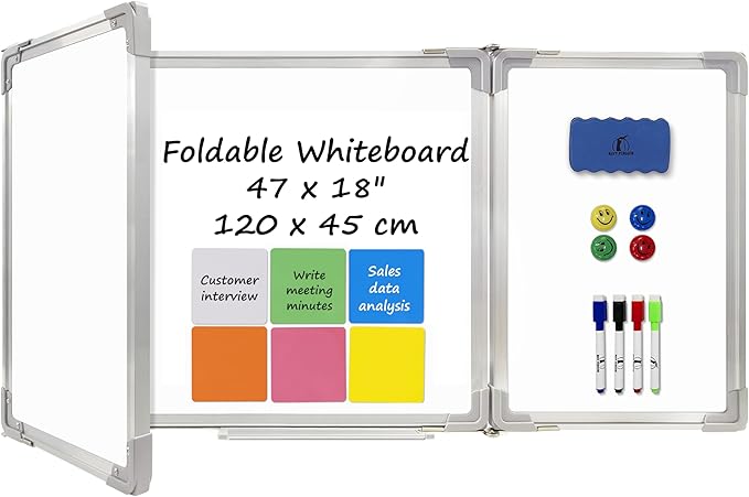 Whiteboard Set - Dry Erase Board 47 x 18 in with 1 Dry Wipe Eraser, 4 Markers, 4 Magnets and 6 Magnetic Notes - Large Wall White Board for Home and Office