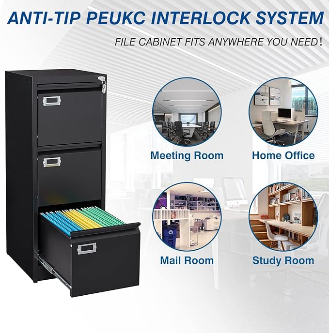 PEUKC 3-Drawer File Cabinet, 16.3" Deep Vertical Filing Cabinet with Lock, Metal File Cabinet for Home Office, Anti-Tip 3 Storage Drawers for Letter/Legal/A4/F4 Size, Assembly Required, Black