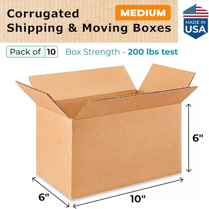 Medium Moving & Shipping Boxes 10x6x6 inches (10-Pack) - Extra Strength 200 lb vs Regular - Corrugated Packing Boxes for Delivery - Durable Cardboard Box - Shipping Box Medium by IDL Packaging