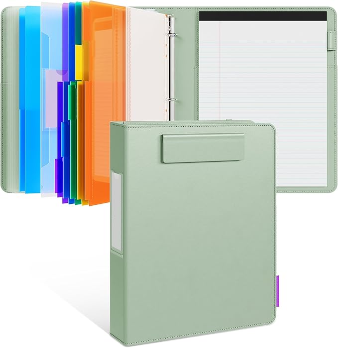 JoyCat 3 Ring Binder Clipboard with Storage,12.4"x10.2"Magnetic Clipboard Folder with 5 Expandable Folders,Refillable Lined Notepad (11" x 8.5"),Ideal for School Office Nursing(Grass Green)