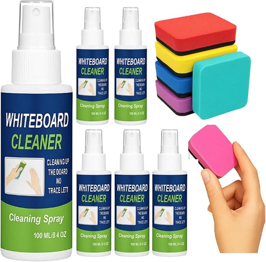 Fuyoooo 6 Pack Whiteboard Cleaner 3.4 Fl oz Dry Erase Cleaner Spray with Magnetic Dry Erase Erasers Non Toxic Whiteboard Cleaning Spray Kit for Chalkboard Glass Board School Classroom Home Office