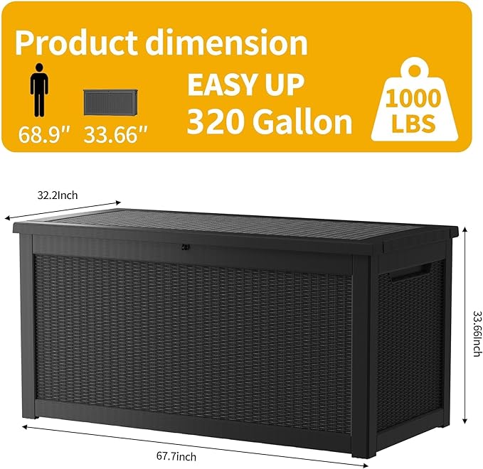 Yardgrace Extra-Large 320 Gallon Outdoor Storage Bin - Waterproof Resin Deck Box for Pool, Patio & Garden, Lockable Outdoor Deck Box for Cushions & Tools, UV-Resistant, Jet Black