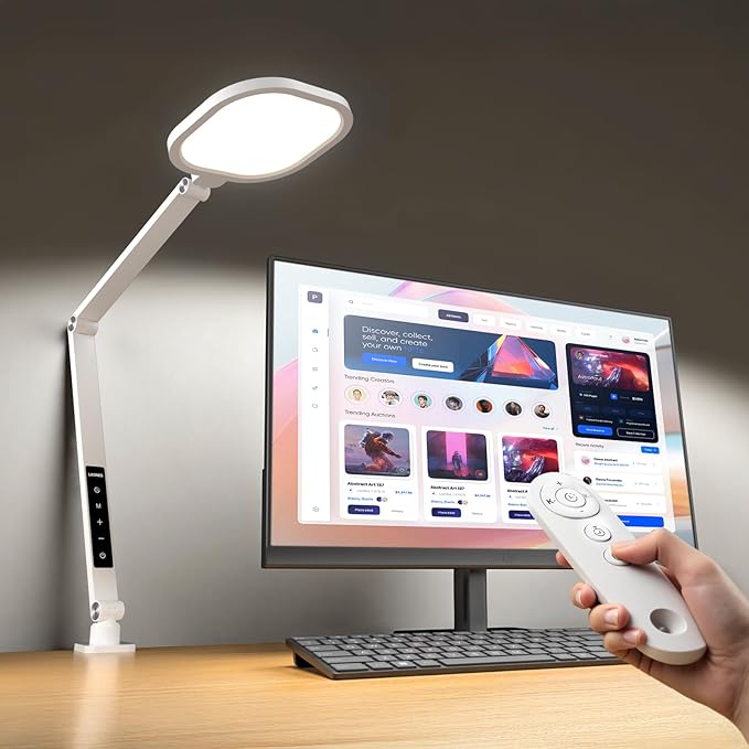 LitONES Led Desk Lamp with Clamp, 1200LM Dimmable Home Office Desktop Light, 3000k-6500k Adjustable Swing Arm Ring Light for Video Conference, Study, Reading, Zoom Calls, Streaming (White)