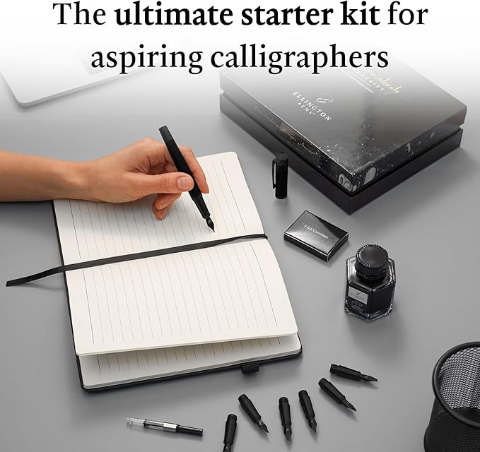 Ellington Pens Luxury Calligraphy Set - Premium Fountain Pen with 6 Nibs, 50 ml Black Ink Bottle, 6 Cartridges, Converter, Elegant Gift Box – Perfect for Drawing, Writing, Gifting (The Stealth)