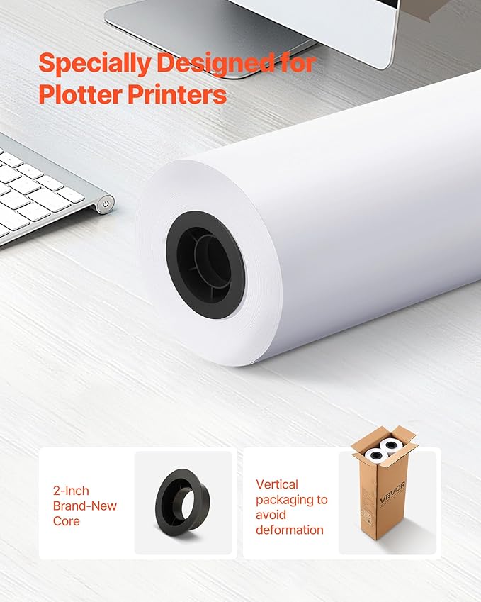 VEVOR Wide Format Paper, 24 in x 300 ft Plotter Roll, 2 Rolls CAD Bond Rolls with 2 in Core, 20 LB Bond Paper Rolls, Ideal for CAD Drawings, Engineering Plans, GIS Maps, and Architectural Designs