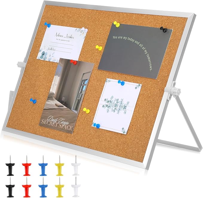 1 Pcs 11.81"×15.74" Cork Bulletin Board, Double Sided Pin with Silver Aluminum Border, Small Desktop Cork Board with Stand for Home, Office, School, Desk Message or Picture