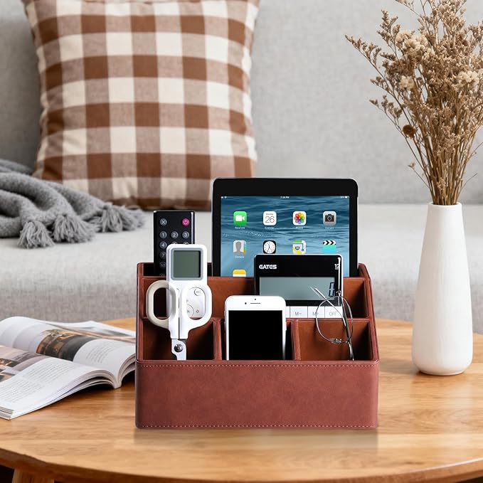 Cretkhp Remote Control Holder with 5 Compartments for Office Art Supplies, PU Leather Nightstand Organizer Pencil Pen Desk Caddy for Home, Desktop TV Remote Control Organizer Storage (Brown)