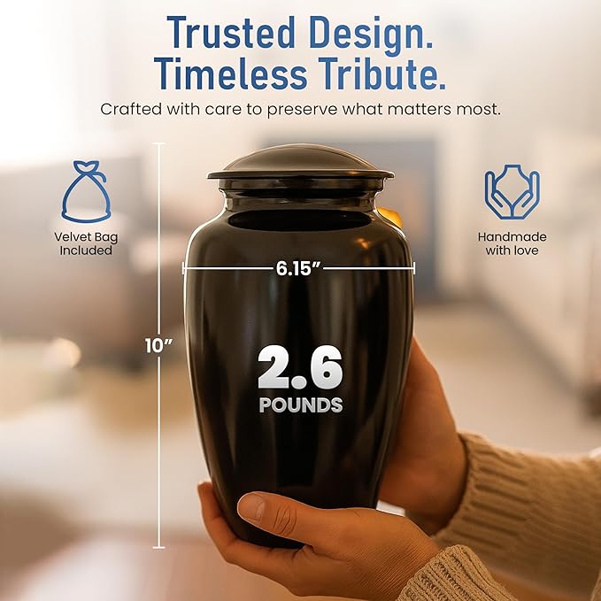 Modern Memorials Cremation Urn for Ashes - Large Urn for Man & Women - 200 Cubic Inches - Includes Velvet Storage Bag - Black