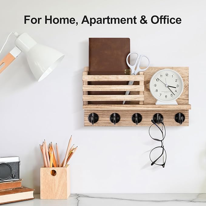 Lwenki Key Holder for Wall – Decorative Wooden Mail Holder and Key Shelf with Mounting Hardware, Installation Guide – Paulownia Wood with 5 Metal Key Hooks (11.8” x 6.7” x 2.8”)