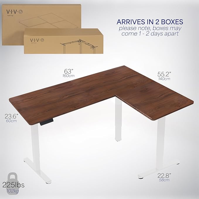 VIVO Electric Corner 63 x 55 inch L-Shaped Standing Desk, Memory Height Adjustment, Dark Walnut Top White Frame, DESK-E3CTWD