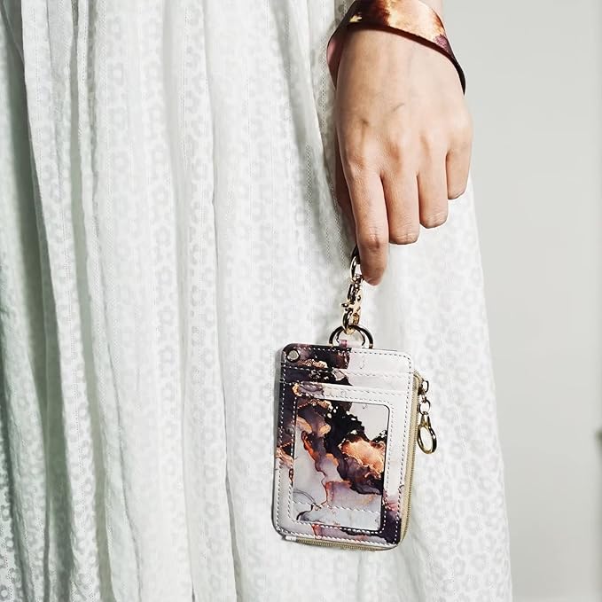 Marble ID Badge Holder with Lanyard,Card Name Tag Holders with Zipper,Vertical Lanyard Wallet for Work Office Nurse Doctor Medical Student Teacher Women Men