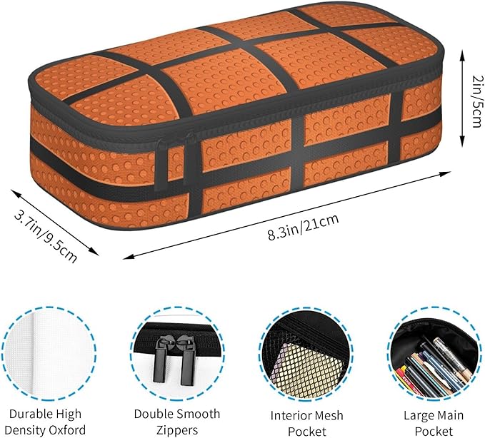 Basketball Ball Texture Pencil Case Big Capacity Storage Pencil Pouch Stationery Bags With Zipper Portable Pen Holder Box Organizer For Boys Girls Teens Student College School Office Supplies