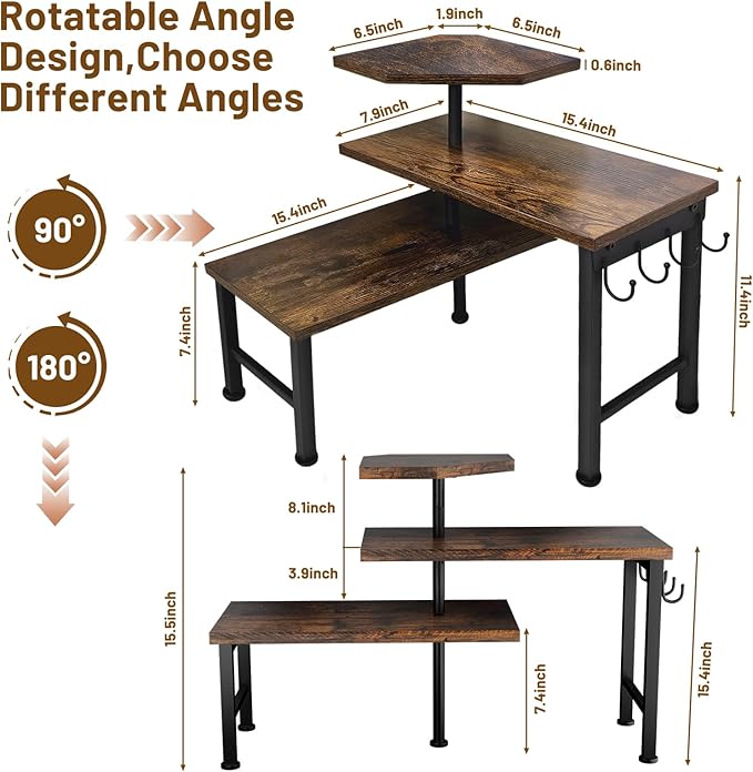 Uniqcovosa Kitchen Countertop Organizer, 3 Tier Moveable Corner Shelf Kitchen Shelf with Hook, Countertop Organizer for Bathroom, Spice Rack, Bookshelf, Coffee Area, Dresser Table (Brown)