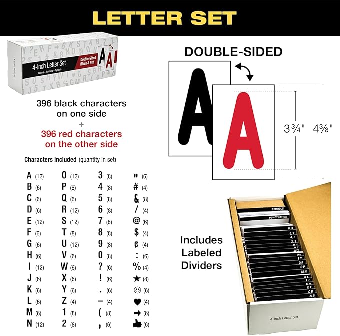 Excello Global Products Swinging Changable Message Sidewalk Sign: 37" x 36" Sign with 792 Pre-Cut Double Sided Letters and Storage Box. Includes Black Sign Board & 4 Liquid Chalkboard & Letter Board