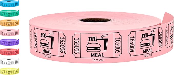 Tacticai 1000 Raffle Tickets, Meal, Pink (1 of 8 Colors), Single Roll, Ticket for Events, Food, Class Reward, Fundraiser & Prizes