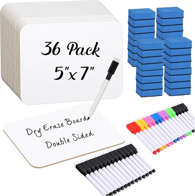 Affrolling 36 Sets Small Whiteboard Dry Erase Boards 5" x7'' Mini Double Sided Dry Erase Lap Boards with Markers Erasers Pen Holders Personal Whiteboards for Students Classroom Teacher