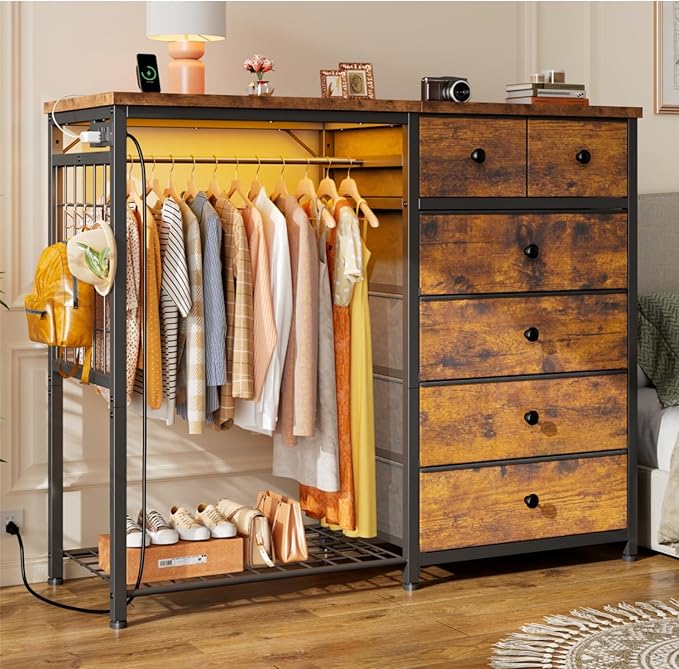 EnHomee 49.2" W Dresser with Hanging Rack & 6 Fabric Drawers – Wooden Top Organize Unit Featuring LED Lights, Charging Station & Grid Panel & Hooks for Bedroom, Rustic Brown