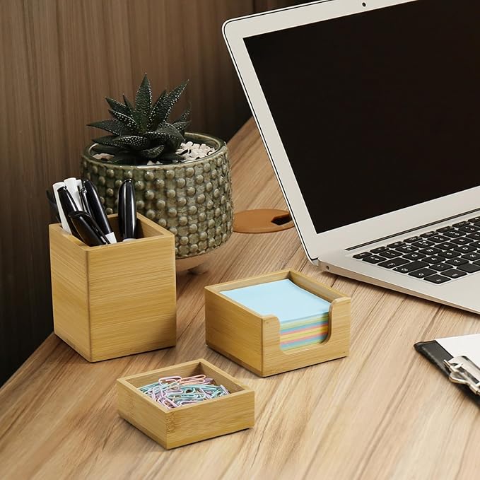 CMLKLZD Desk Organizer Set of 3 - Bamboo Office Desk Accessories - Desk Organizers and Accessories for Women Men - Set incl. Pencil Pen Holder, Paperclip Storage and Sticky Note Holder