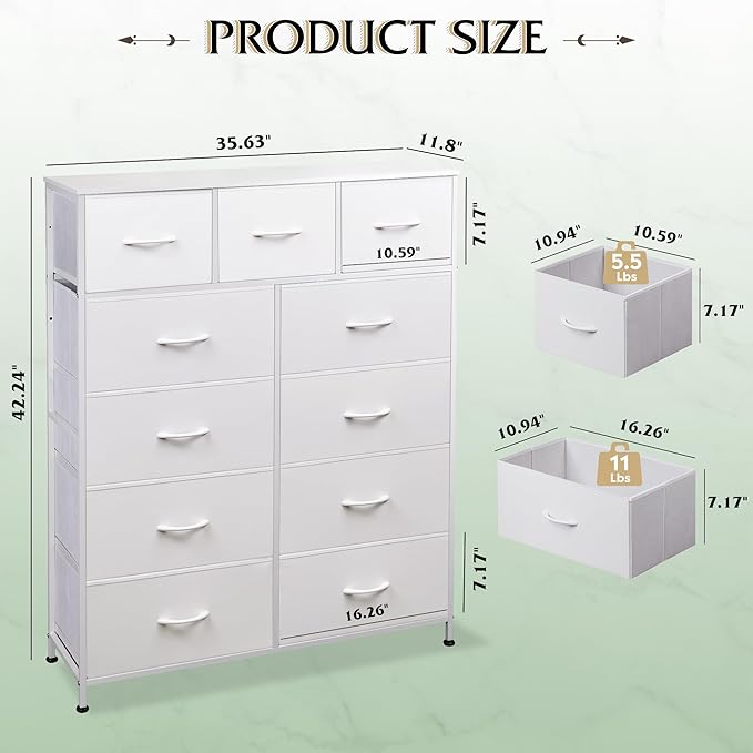 WLIVE Tall Dresser for Bedroom, Fabric Dressers Storage Tower, Dresser & Chest of Drawers Organizer Unit with 11 Drawers, Storage Cabinet, Hallway, Closets, Steel Frame, Wood Top, White
