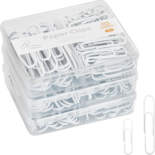 NEEWAY Colorful Paper Clips Assorted Sizes, Small and Large Paperclips, 210 Count, 3 Pack of 70 (White)