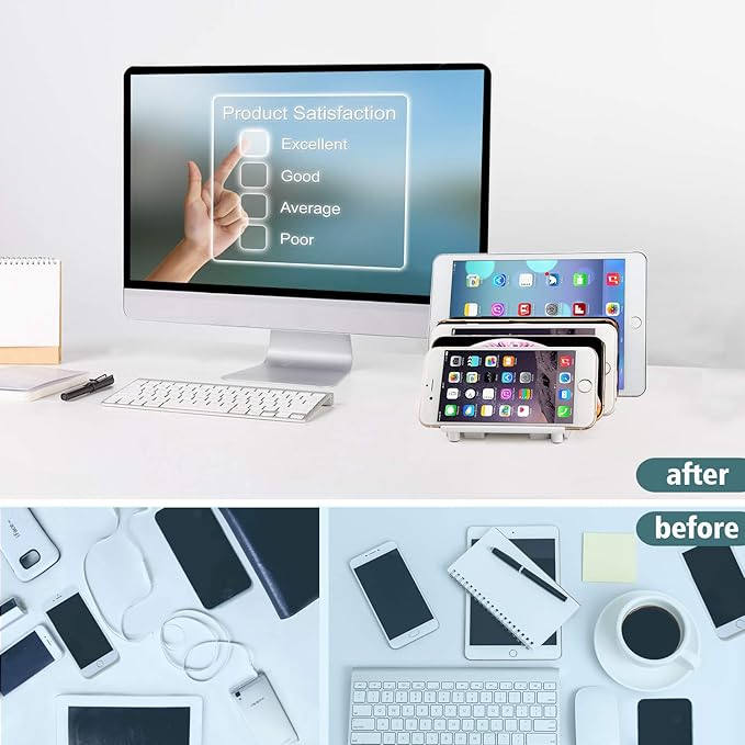 UDOLI Adjustable Universal Cell Phone Dock Stand Holder, Tablet Organizer Multi Device Desktop Stand for iPhone Samsung Galaxy Google Nexus Kindle - No Charging Port (White)