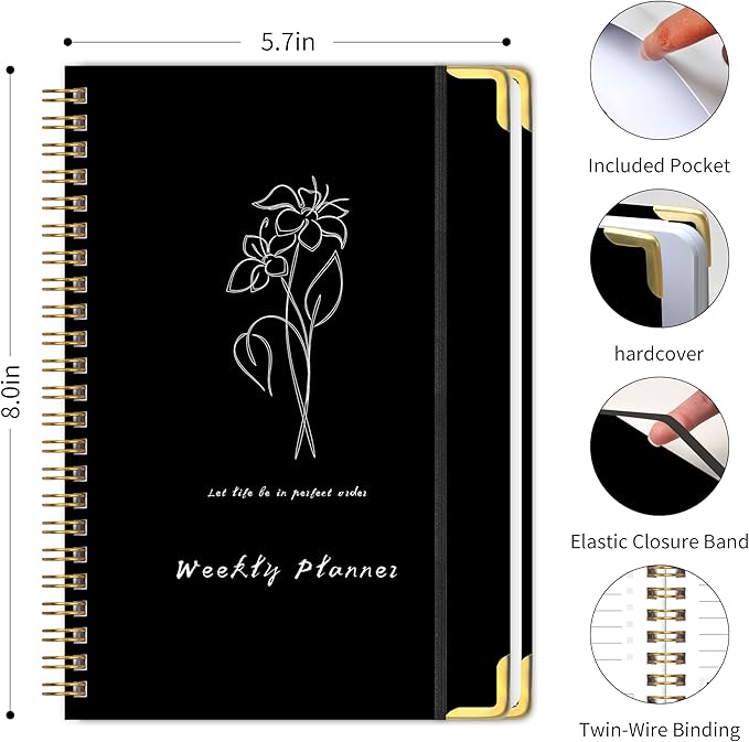Undated Weekly Planner with Metal Corner Hardcover Notebook , A5 Size Journal with To Do List Planner, Habit Tracker,Weekly Goals for ADHD,Student, Office, Women, Men ,Gifts,6 x 8 inches，Spiral Bindding ,Black
