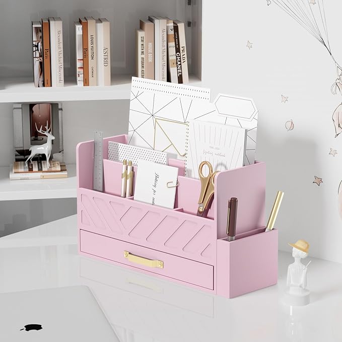 WISUCART Bamboo Desk Organizer Mail Holder Countertop Wood Desk Drawer Tabletop Storage Box Pen Holder Letter Sorter Makeup Organizer for School Home Office Supplies with Pen Holder Pink