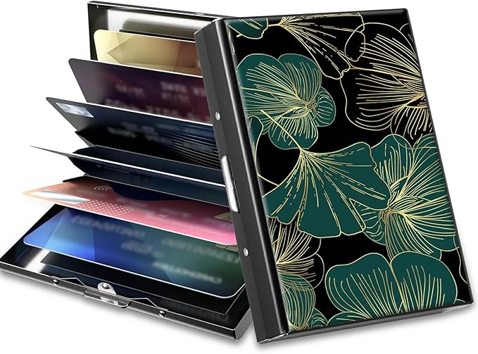 BWEGRHE Slim Credit Card Holder, Art Leaf RFID Blocking Metal Wallet for Men & Women, Aluminum Minimalist Hard Case Pocket-Sized Business Cards Organizer (Fits Up to 10 Cards)