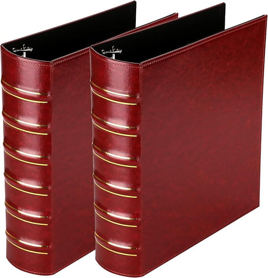 LETVPVOW Vintage Hardback 3 Ring Binder 2 Inch, Professional Leather Binders 2 Inch D Ring, Holds 400 Sheets Capacity 2 Pack - Dark Red
