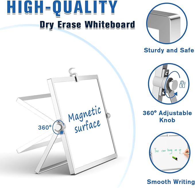 Grtard Magnetic Dry Erase White Board with Stand, 12''x8'' Double-Sided White Board, Desktop Whiteboard with Stand, Magnetic WhiteBoard Portable, Dry Erase Board for ToDo, Drawing