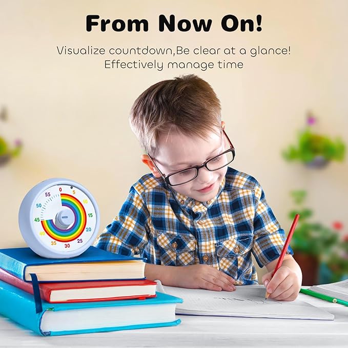 Visual Timer for Kids, 60-Minute Countdown Timer for Classroom Office Kitchen, Desk Timer Kids Time Management Tools with Silent Operation, Pomodoro Time Rainbow Pattern (Aquamarine)