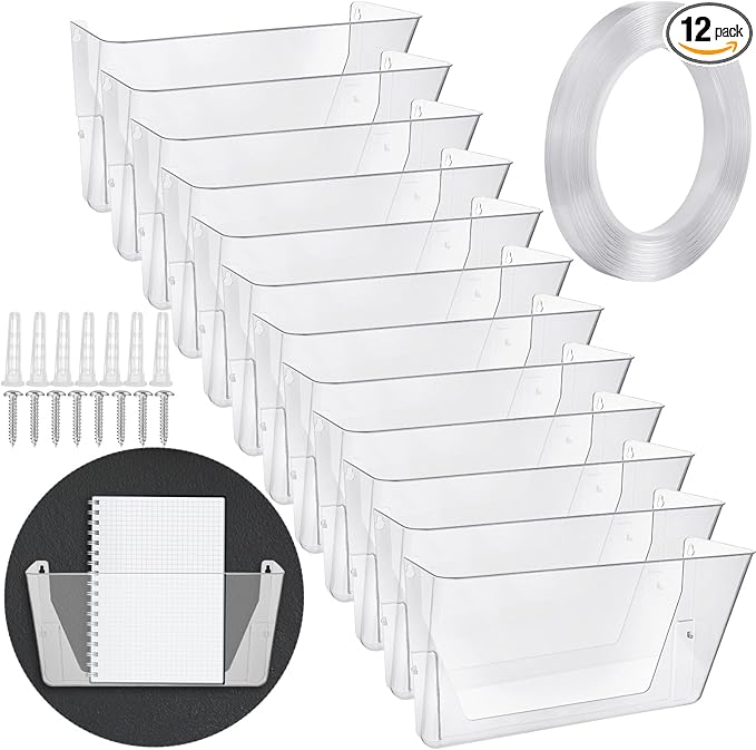 Tenceur 12 Pcs Plastic Single Pocket Wall Mount File Holder with Double Sided Adhesive Tape and Screws Wall File Hanging Folder Letter Paper Mail Organizer for Office Home Classroom (Clear)