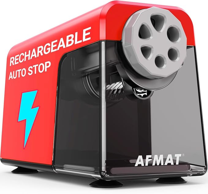 AFMAT Electric Pencil Sharpener 6 Hole, Cordless & Rechargeable, Colored Pencil Sharpener for 6-11mm Pencils, Auto Stop, Super Fast, 10,000+ Sharpenings, Battery Powered for Classroom/Home/Office PSD1