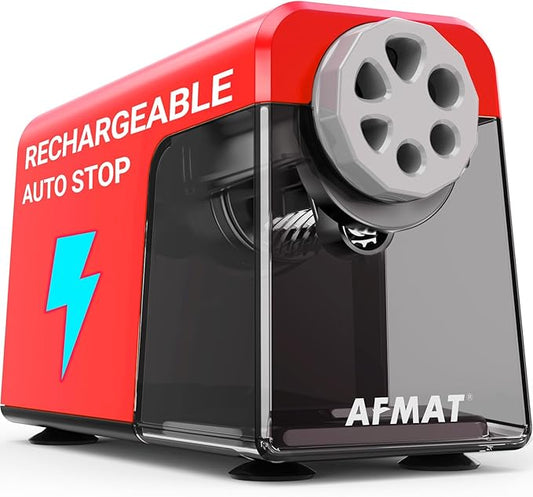 AFMAT Electric Pencil Sharpener 6 Hole, Cordless & Rechargeable, Colored Pencil Sharpener for 6-11mm Pencils, Auto Stop, Super Fast, 10,000+ Sharpenings, Battery Powered for Classroom/Home/Office PSD1