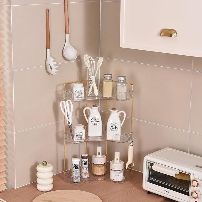 Trdongxu 3-Tier Corner Bathroom Organizer Countertop with Hooks, Bathroom Sink Corner Vanity Storage for Makeup, Skincare and Perfume (White Gold)