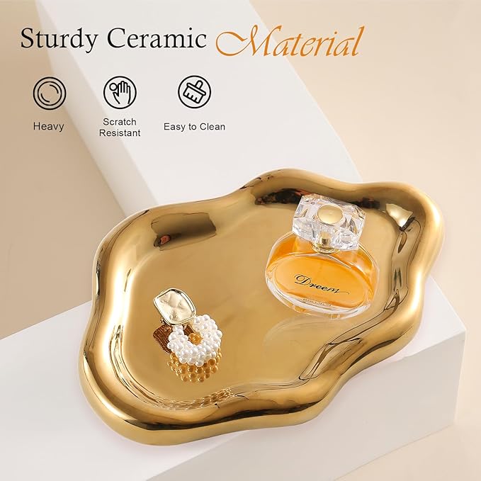 CCINPPY Ceramic Jewelry Tray Trinket Dish, Decorative Cloud Vanity Key Tray for Women, Ring Holder Dish, Cute Jewelry Plate Bowl Room Decor Aesthetic, Gold, Medium