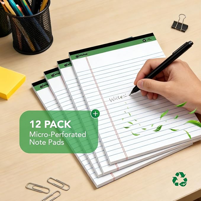 KAISA White Legal Pads Writing Pads Recycled Paper, 8.5"x14" Wide Ruled Lined Paper Perforated 50 sheets Hard Back Notepads Large Legal Pad Writing Tablet For Office Supplies (White 12pads)