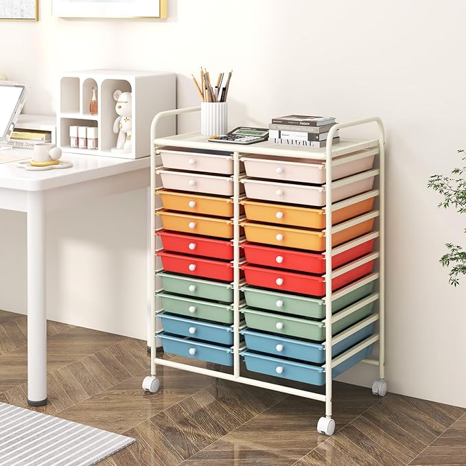 Happygrill 20-Drawer Organizer Cart Tools, Mobile Utility Storage Cart with Removable Drawers & Lockable Wheels, Rolling Storage Cart with wheels for Home Office School (Macaron)