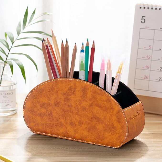 Remote Control Holders Organizer Box with 5 Compartment PU Leather Multi-functional Office Desk Storage Caddy Store Tv Remote for Media Player,Brush,Pencil,Glassees&Office Supplies (Two tone brown)